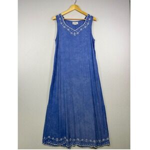 Boho Cottagecore Red's Threads Women L Blue Embroidered Eyelet Rayon Maxi‎ Dress